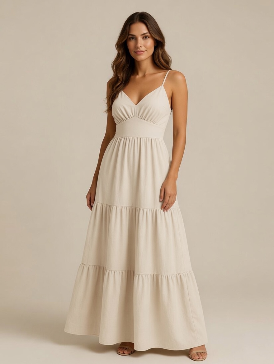 Vestido Longo Feminino Alça Fina Decote V Casual Elegante